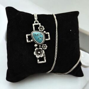 Western Turquoise Cross Pendant Christian Necklace Religious Cowboy Jewelry